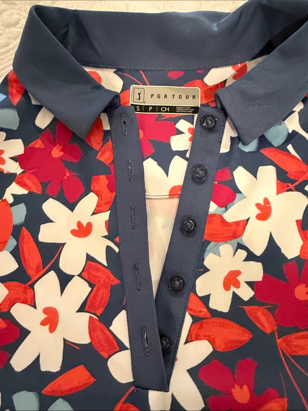 PGA Tour Navy Floral Button-Down Polo
